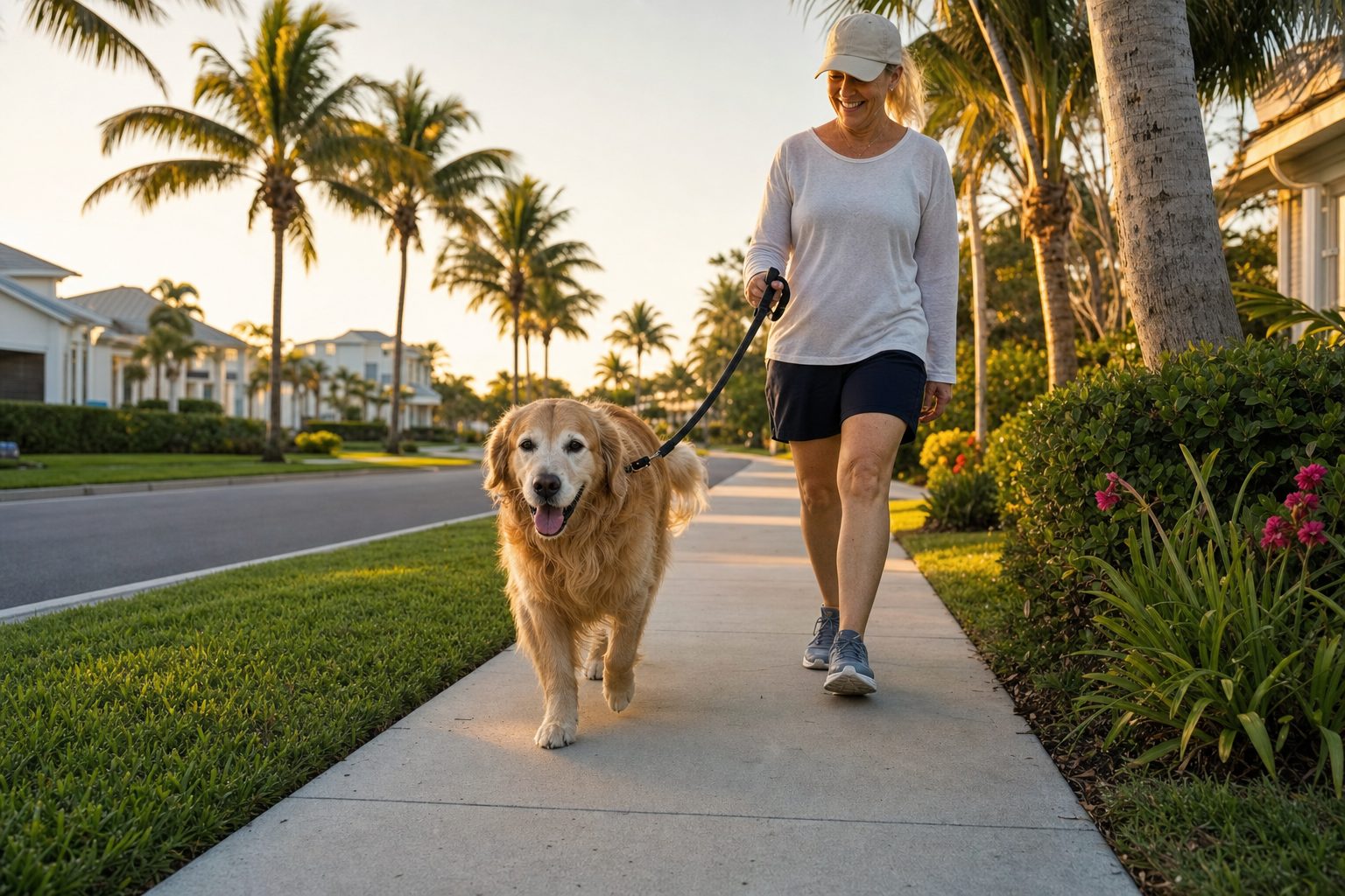Dog being walked along a palm-lined Southwest Florida street